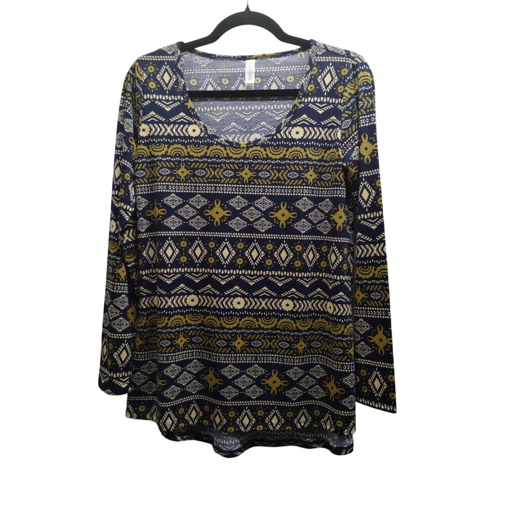 Lularoe Size Small Lyanne Long Sleeve Geometric Aztec Round Neck Navy Tunic Top